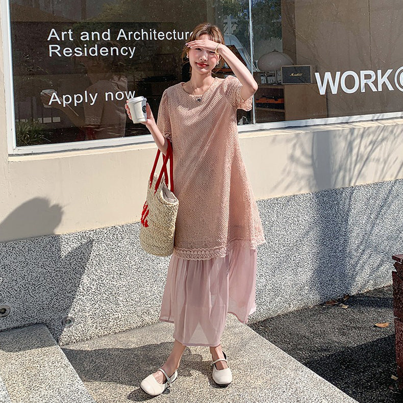 【ワンピース】レース 透かし編み 切り替え ドッキング風 半袖ワンピース レディース 夏新作 甘め上品 ロング丈ドレス【JZシリーズ】