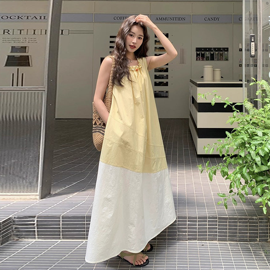 【ワンピース】切り替え ライトイエロー ノースリーブ タンクワンピース レディース 夏 ゆったり スタイルアップ ロング丈【JZシリーズ】