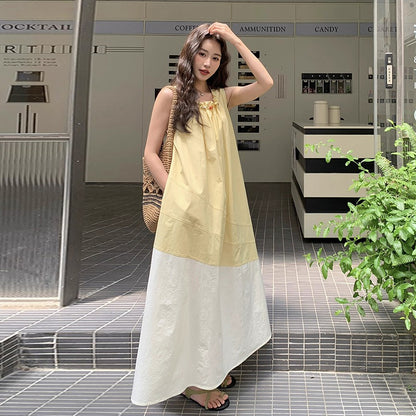 【ワンピース】切り替え ライトイエロー ノースリーブ タンクワンピース レディース 夏 ゆったり スタイルアップ ロング丈【JZシリーズ】