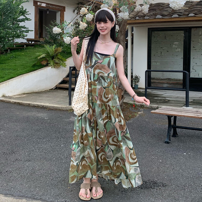 【ワンピース】キャミソールワンピース レディース 2026新作 夏 ハイウエスト フレア ロング丈 ノースリーブ リゾート 旅行 フォトジェニック ナチュラル【SHシリーズ】