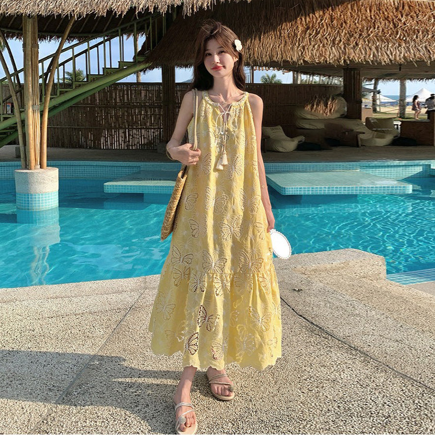 【ワンピース】イエロー蝶刺繍カットワークワンピース レディース 夏新作 ノースリーブ リゾート マキシ丈 体型カバー おしゃれ【SHシリーズ】