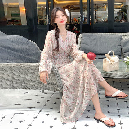 【ワンピース】フレンチ 花柄 長袖ワンピース｜韓国風マキシ丈ワンピース・足首まで届く絶美シルエット【SHシリーズ】