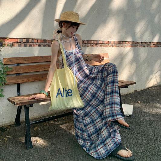 【ボトムス】ゆったりリラックス感 Vネック レトロチェック柄 オールインワン【SHシリーズ】