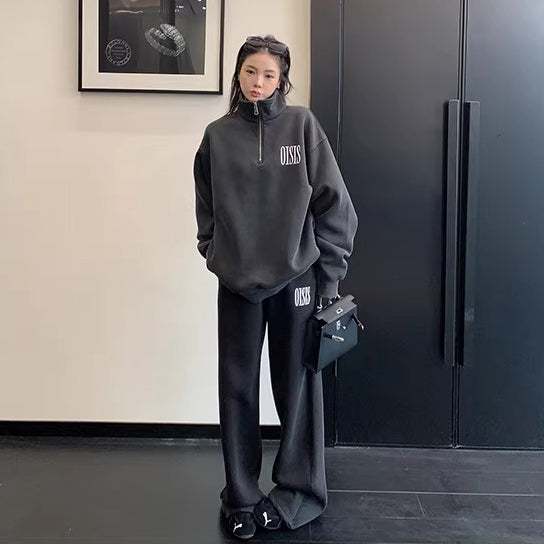 【セットアップ】【単品注文】アメリカンカジュアル ルーズシルエット ヴィンテージ スタンドカラー スウェット+パンツ 上下セット【FCシリーズ】