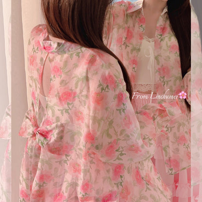 【アウター】UVカット フラワーシャツアウター 春夏 韓国風 ゆったり バックスリットデザイン【SHシリーズ】