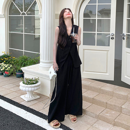 2点セット！【セットアップ】通勤＆デイリー兼用 バックレスデザイン ジレ＋ワイドパンツ 上下セット【JZシリーズ】【SNシリーズ】