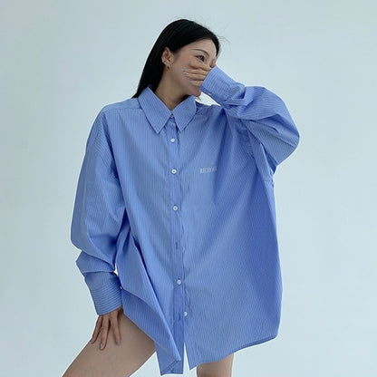 【トップス】春 秋 冬 ストライプ柄 ルーズ 長袖 刺繍 シャツ·ブラウス 【FCシリーズ】