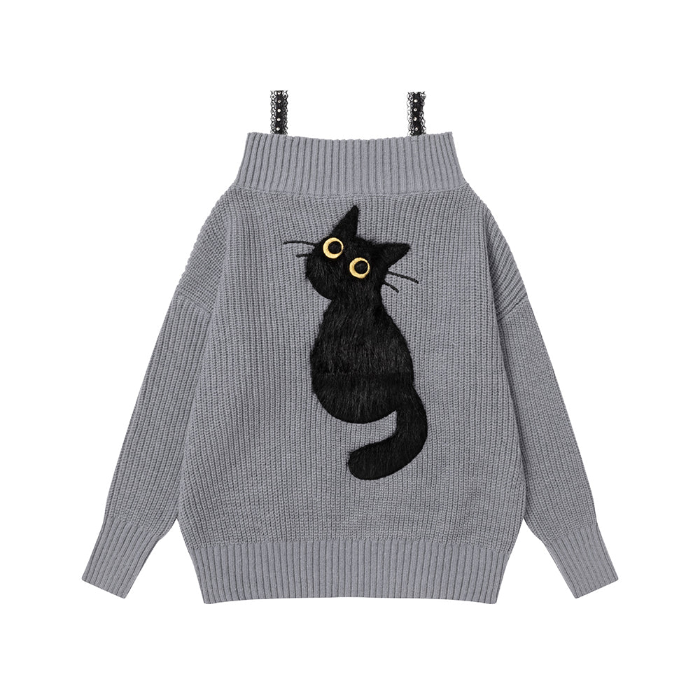 【トップス】遊び心 猫モチーフ ワンショルダーニット 猫柄 ゆったり リラックス感 ニットトップス【FCシリーズ】