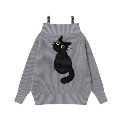 【トップス】遊び心 猫モチーフ ワンショルダーニット 猫柄 ゆったり リラックス感 ニットトップス【FCシリーズ】