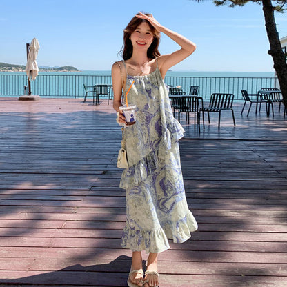 【ワンピース】フレンチロマンティック 油絵風 ノースリーブキャミワンピース 夏 ビーチリゾートドレス【SHシリーズ】