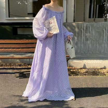 [洋裝] 韓版春夏露肩圓領2way寬鬆長袖連身裙