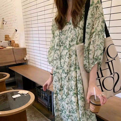 【ワンピース】Vネック半袖 花柄ワンピース レディース 七分袖 ミモレ丈 ゆったりシルエット【SHシリーズ】