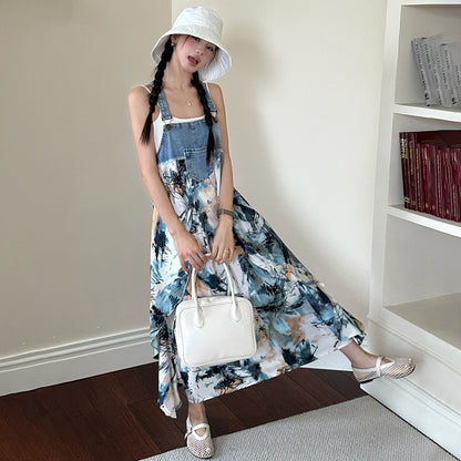 【ワンピース】夏新作 レトロ油絵風 ゆったりシルエット デニム切り替え カラフル小花柄 ノースリーブワンピース【SHシリーズ】