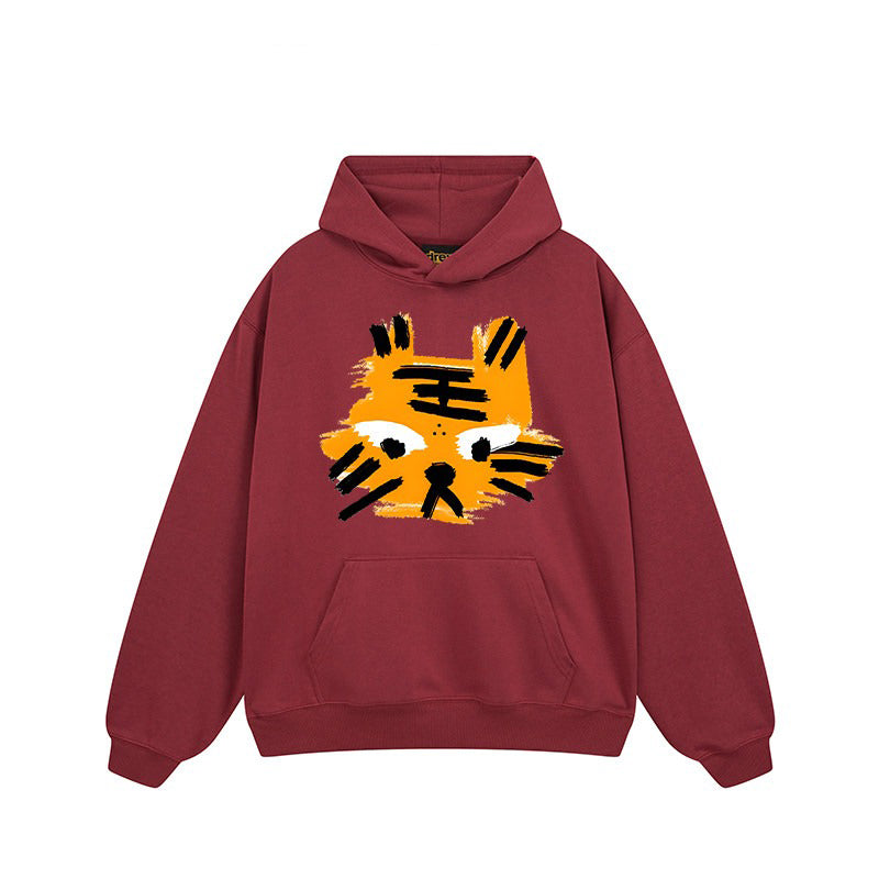 【トップス】🐱ストリートタイガーヘッドプリント裏起毛パーカー ユニセックス ペアルック 秋冬 オーバーサイズ【FCシリーズ】