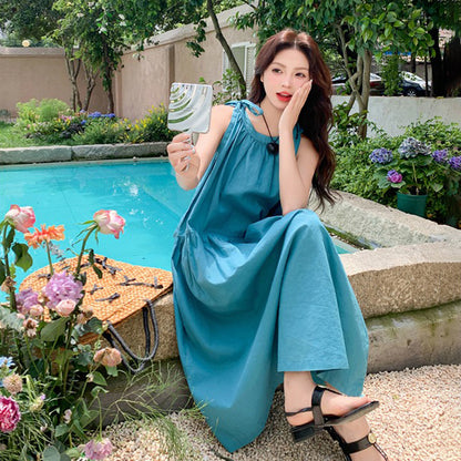 【ワンピース】夏新作 フレンチシック ゆったりシルエット デザイン性Aラインノースリーブワンピース 若見え効果