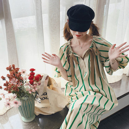 【ワンピース】夏 フレンチデザイン ゆったり ファッションカジュアル ストライプ 半袖ワンピース【SHシリーズ】