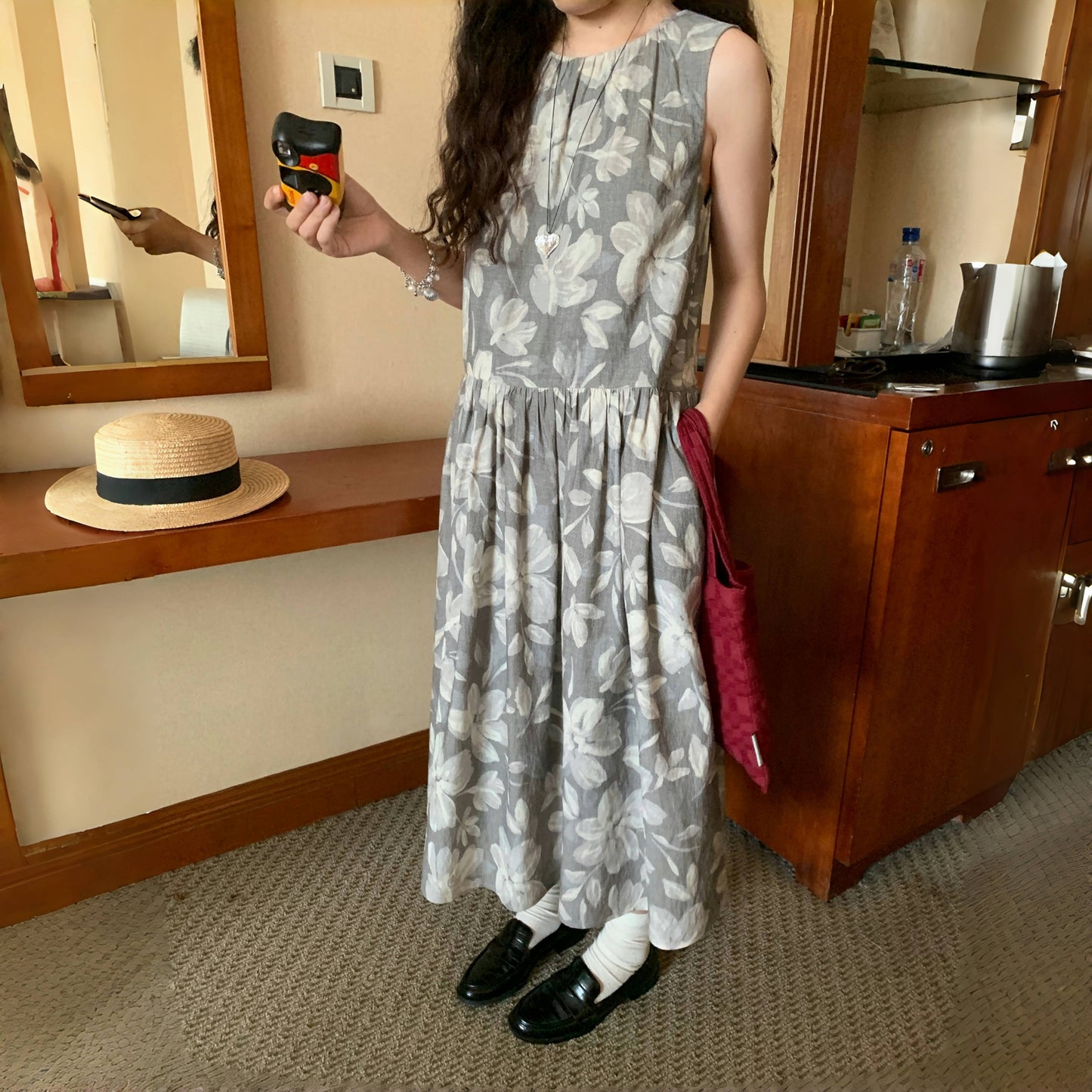 【ワンピース】夏 フロッキープリント プリント 	ヴィンテージ風 花柄 ノースリーブ ワンピース 【SHシリーズ】