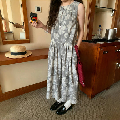 【ワンピース】夏 フロッキープリント プリント 	ヴィンテージ風 花柄 ノースリーブ ワンピース 【SHシリーズ】