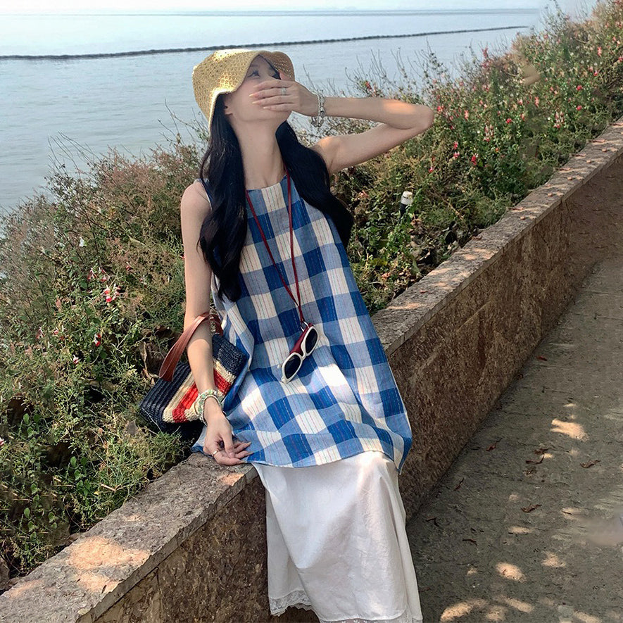 【ワンピース】夏の元気ガール 韓国風シック シンプルなフェイクレイヤード チェック柄ノースリーブワンピース【SHシリーズ】