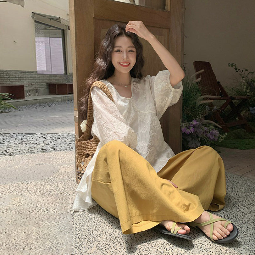 2点セット！【セットアップ】レディース 上下セット フレンチガーリー レース Vネック トップス＋ワイドパンツ 細見え ゆったり 上品 きれいめ 夏新作【SHシリーズ】