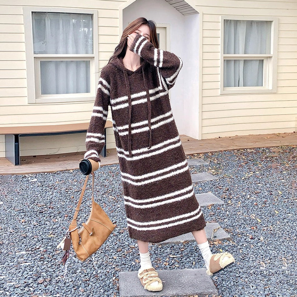 【ワンピース】ボーダー ニットパーカーワンピース レディース 韓国風 学院スタイル ミディ丈 大人可愛い【JZシリーズ】