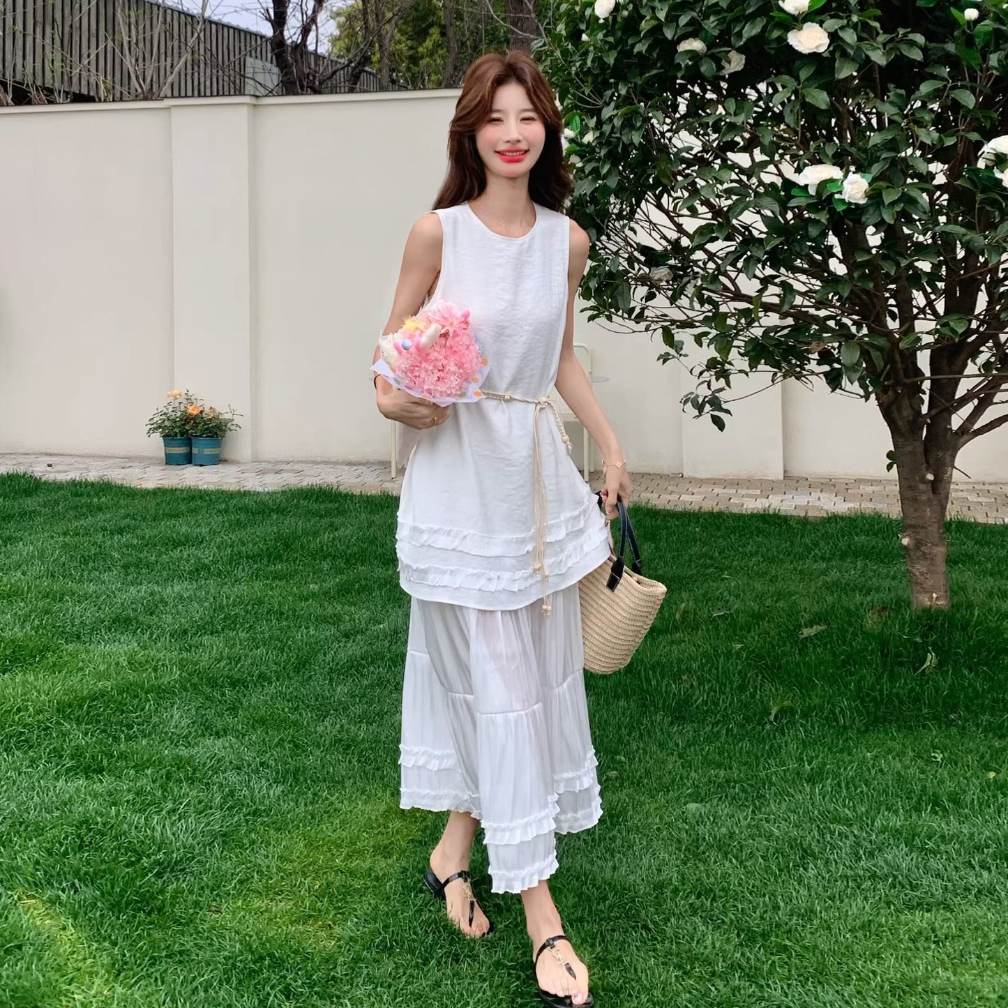 【ワンピース】レース 切替 重ね着風 ワンピース レイヤード ノースリーブ ロング丈 大きいサイズ 着痩せ 体型カバー 上品 きれいめ【JZシリーズ】