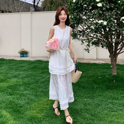 【ワンピース】レース 切替 重ね着風 ワンピース レイヤード ノースリーブ ロング丈 大きいサイズ 着痩せ 体型カバー 上品 きれいめ【JZシリーズ】