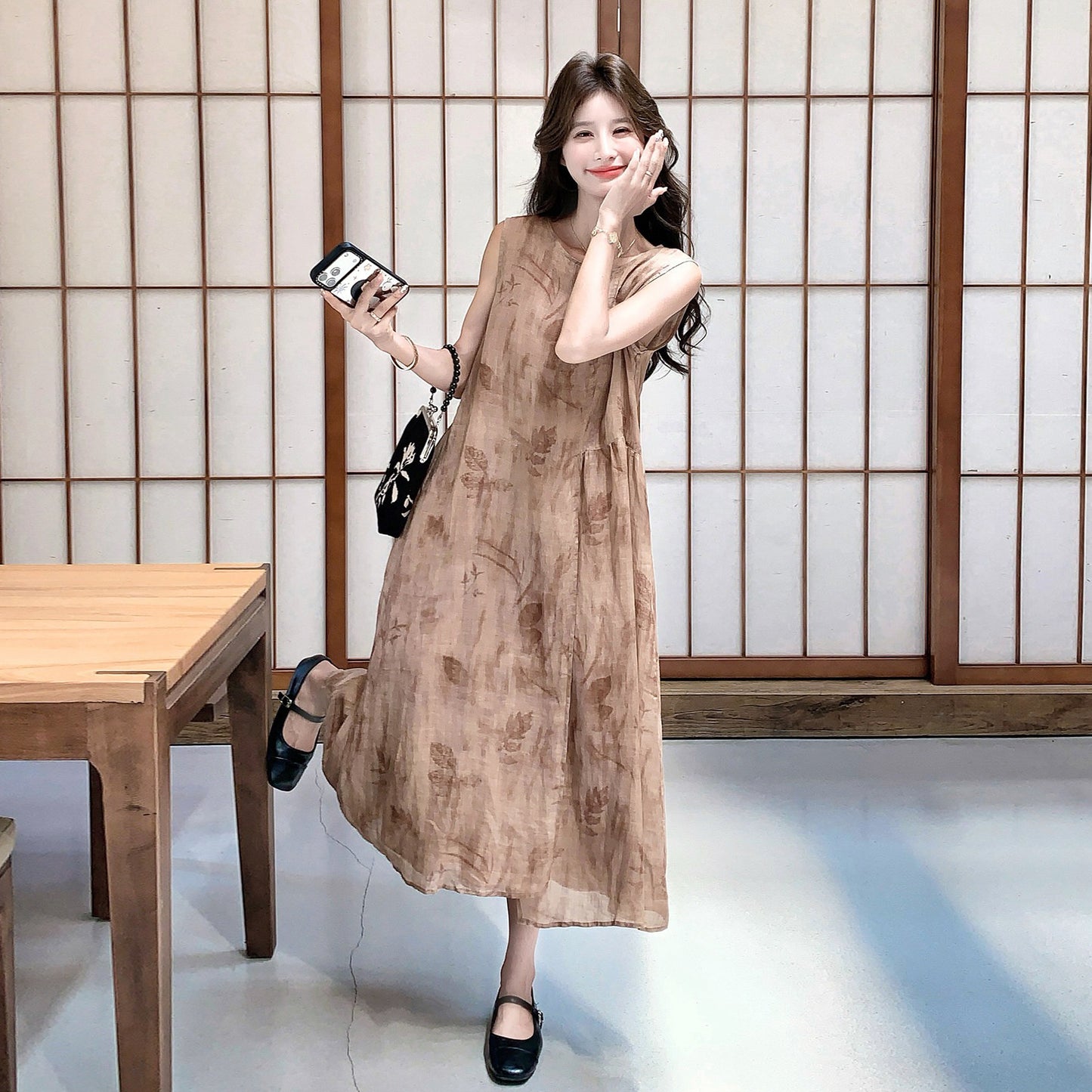 【ワンピース】フレンチ こなれ感 グラデーション プリント ブラウン ノースリーブ ワンピース レディース 夏 ゆったり 上品【SHシリーズ】