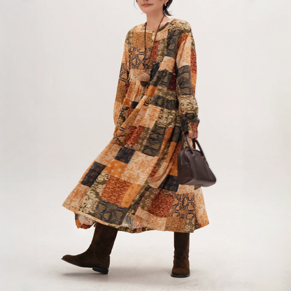 【ワンピース】春 秋 冬レトロ プリント ゆったり 長袖 ワンピース 【JZシリーズ】