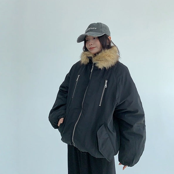 【アウター】春 秋 冬 ニッチ 切り替え ファー襟 厚手 中綿 ジャケット 【FCシリーズ】