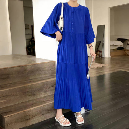 【ワンピース】夏 プリーツ 切り替え 大振裾 半袖 ワンピース