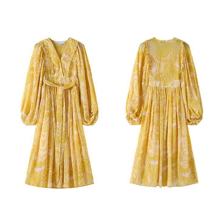 【ワンピース】リゾート風 Vネック ハイウエスト バルーンスリーブ 長袖ワンピース【SHシリーズ】