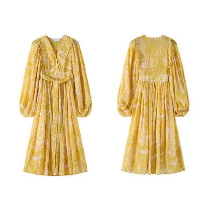 【ワンピース】リゾート風 Vネック ハイウエスト バルーンスリーブ 長袖ワンピース【SHシリーズ】