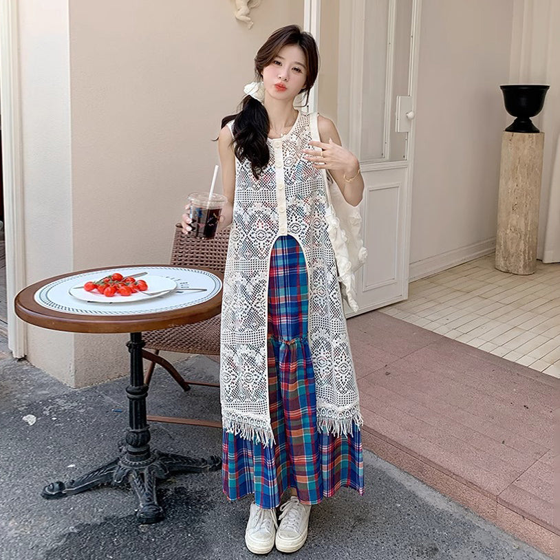 2点セット！【セットアップ】夏新作 レトロ感漂う メッシュカーディガン＋チェックキャミワンピース 重ね着2点セット【SHシリーズ】