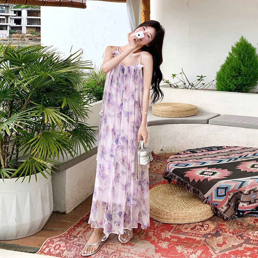 【ワンピース】夏 優しい グラデーション フラワープリント ノースリーブキャミソールワンピース【SHシリーズ】