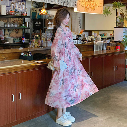 【ワンピース】ロマンチック フレンチ ピンク 小花柄 ワンピース 春夏秋 細見え 若見え 上品 長袖 ドレス【SHシリーズ】