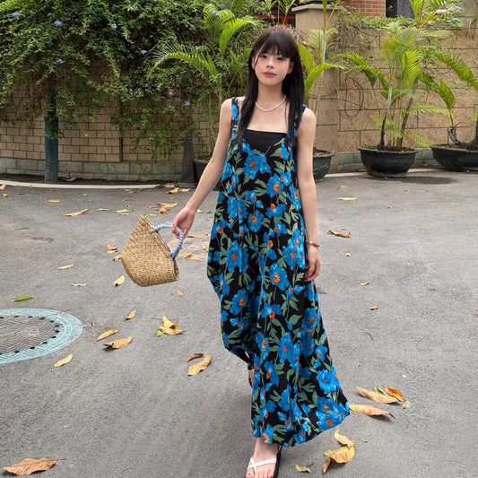 愛麗絲花卉吊帶連身褲｜寬鬆顯瘦闊腿連身褲女｜夏季文藝風休閒穿搭【SH系列】