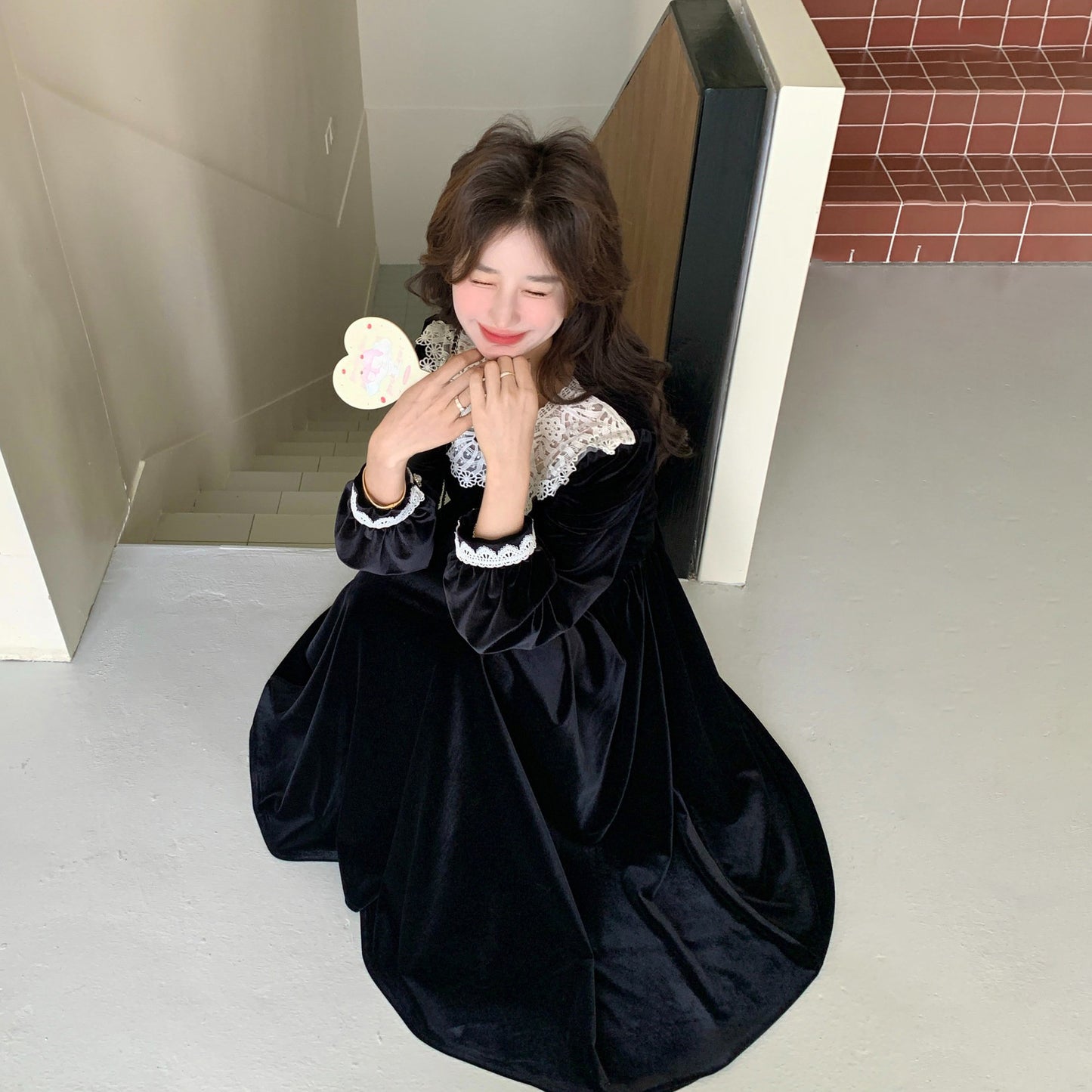 【ワンピース】オードリー風 レース 長袖ワンピース レディース 秋冬 上品 レトロ 細見え ロングドレス【JZシリーズ】