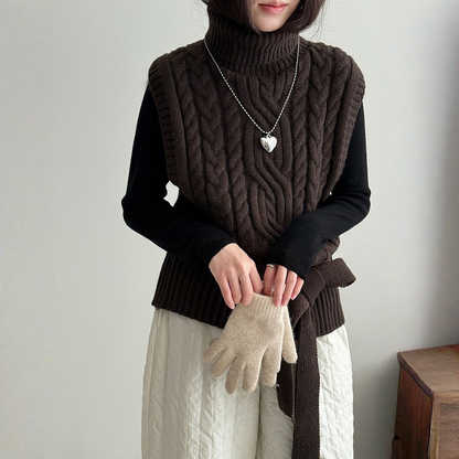 【トップス】春 秋 冬 ハイネック ケーブル ベルト付き ノースリーブ セーター 【JZシリーズ】