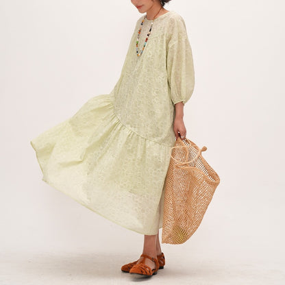 【ワンピース】夏 青みグリーン 楊柳 コットン フレンチラウンドネック 半袖 ワンピース 【SHシリーズ】