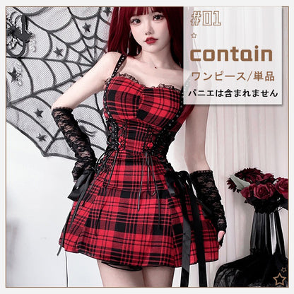 【ハロウィン】ゴシックサブカル・レースギャル・スイートクールY2K・チェック柄ロリータワンピース・ステージ衣装