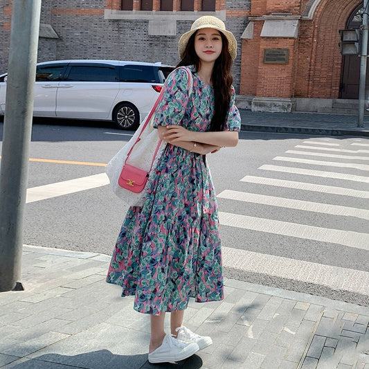 【ワンピース】アート風 花柄 半袖ワンピース レディース  夏 ロマンチック パフスリーブ ロング丈【SHシリーズ】