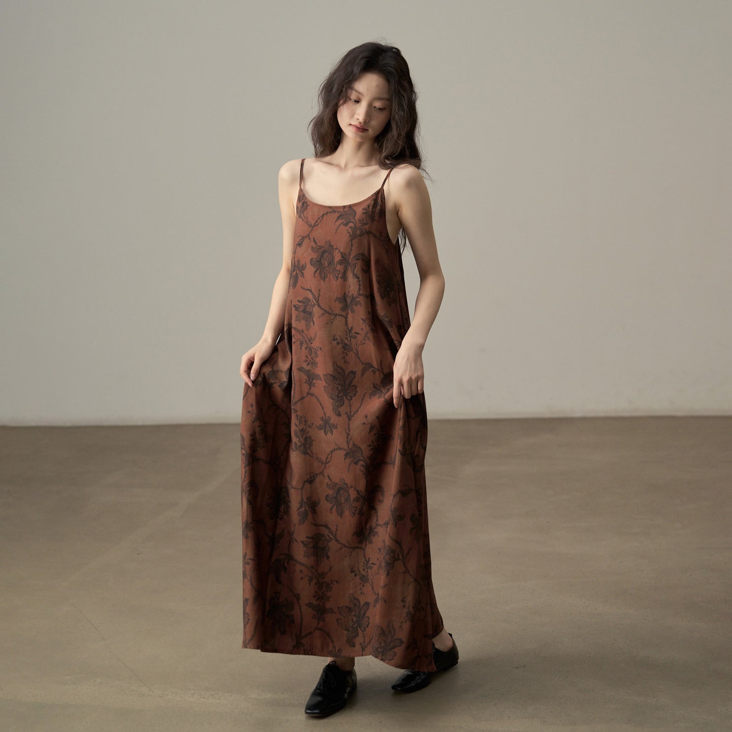 【ワンピース】新中式 ヴィンテージ高級感 プリント 柔らかい素材 リゾート風 ノースリーブワンピース【SHシリーズ】