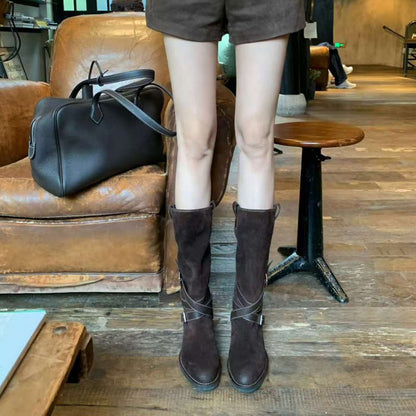 【シューズ】美脚見え ポインテッドトゥ ベルト ミドルライダーブーツ