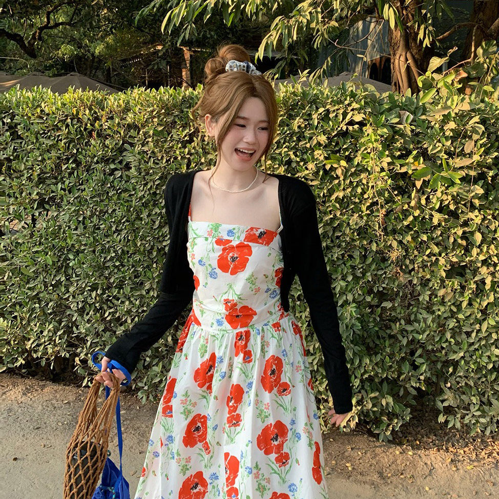 M~4XL【セットアップ】【単品注文】レトロ花柄キャミワンピース レディース 夏 ロング丈 Aラインワンピース カントリースタイル ウエストシェイプ【SHシリーズ】