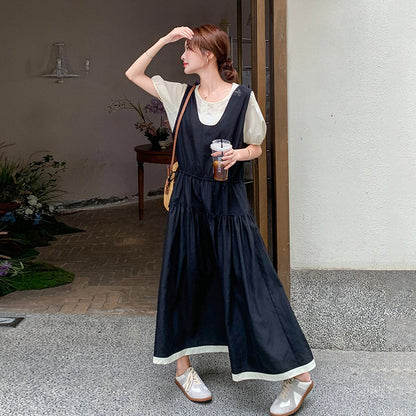 2点セット！【セットアップ】夏人気 若見えコーデ サロペットワンピース＋トップス 2点セット レディース フレンチ風 上品ロング丈セットアップ【JZシリーズ】