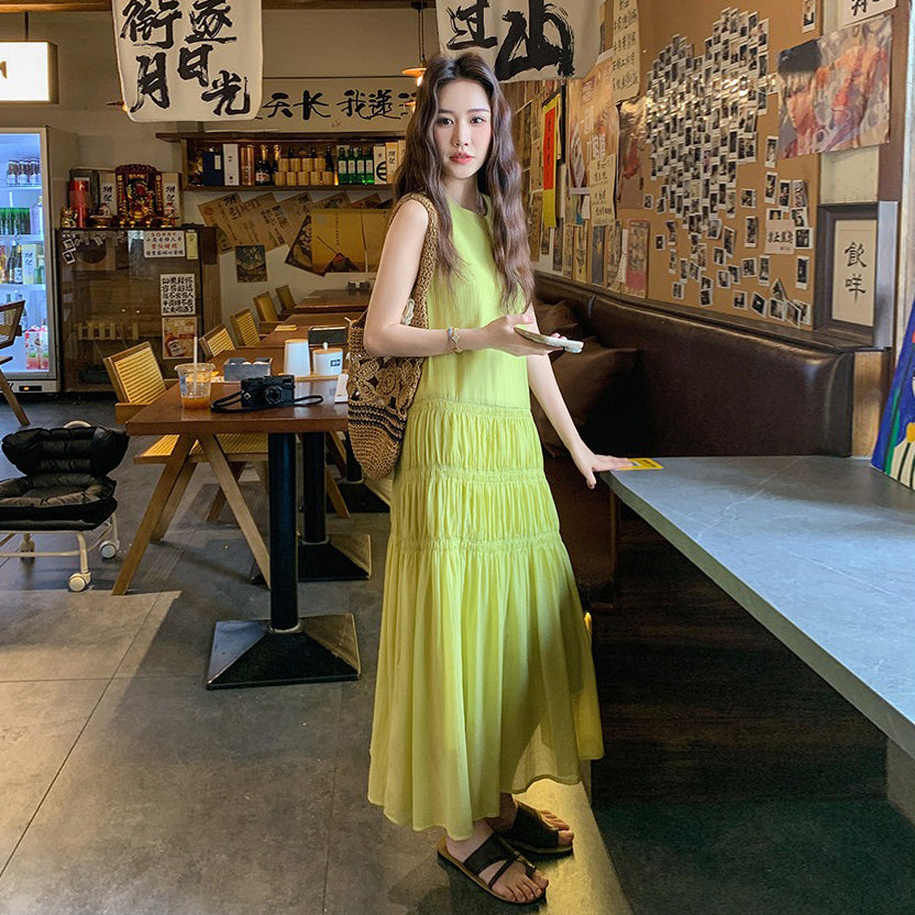 【ワンピース】気質スタイル 夏 海辺リゾート風 ギャザー入りシフォンロングドレス  ノースリーブワンピース