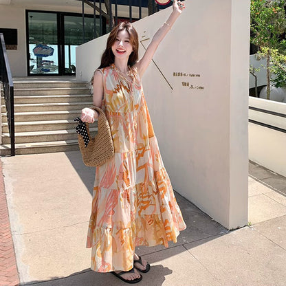 【ワンピース】高級感あふれるロマンティックリゾート風 シフォン花柄ノースリーブワンピース【SHシリーズ】