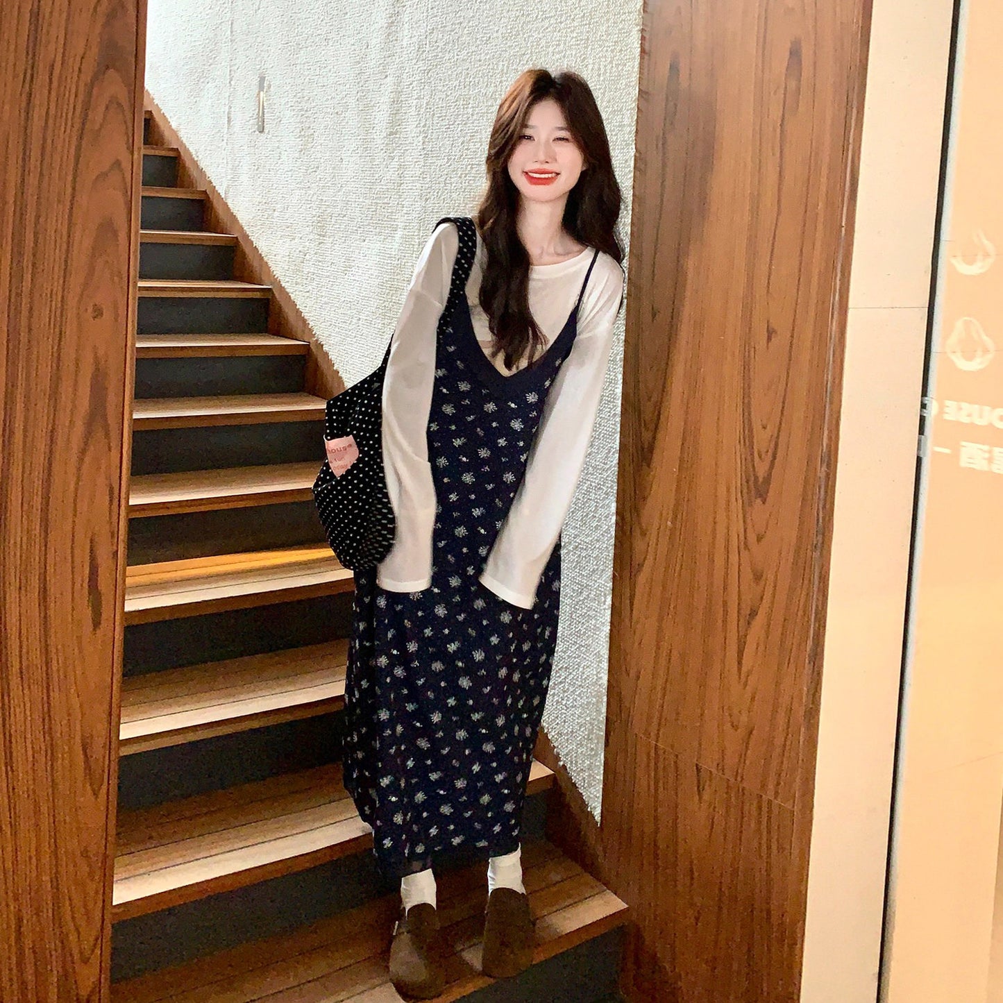 2点セット！【セットアップ】花柄キャミワンピース＆Tシャツ2点セット レディース ロング丈 ゆったり カジュアル 秋コーデ【SHシリーズ】