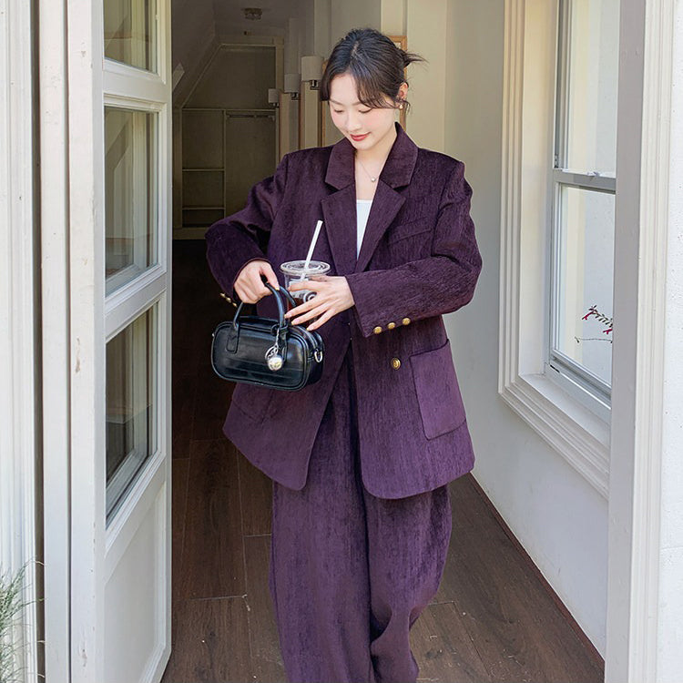 2点セット！【セットアップ】ライトラグジュアリー コーデュロイ 上下セット 2026春新作 ダブルブレスト ジャケット＆ワイドパンツ レディース【JZシリーズ】